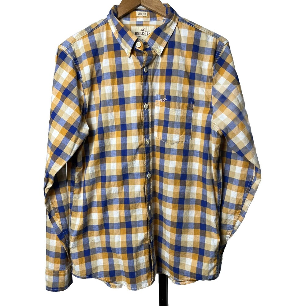Hollister Shirt Long Sleeve Button Down Collar Blue Plaid Stretch‎ Men Medium